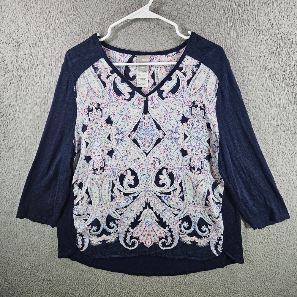 Chicos Linen Paisley Print V-Neck Top Navy Blue 3/4 Sleeve Size 2 Large